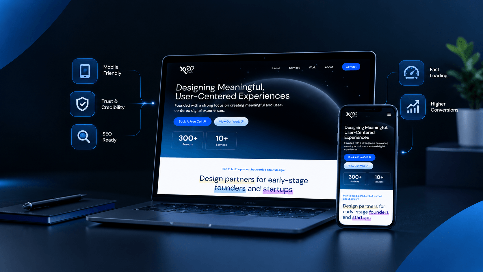 Modern dark technology studio website design representing a Figma to WordPress development workflow